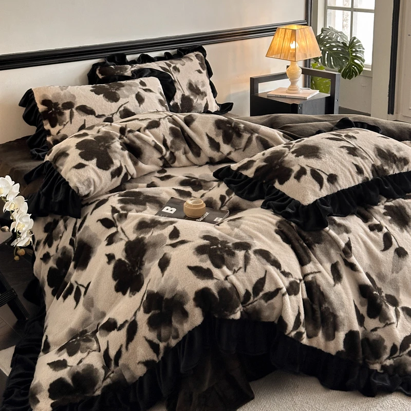 法式复古长毛绒加厚豹纹牛奶绒四件套冬季双面绒保暖被套被罩床单