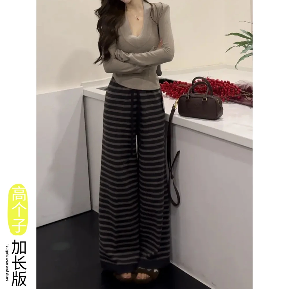 175加长版高个子条纹针织阔腿裤女秋冬加厚设计感宽松拖地裤24120