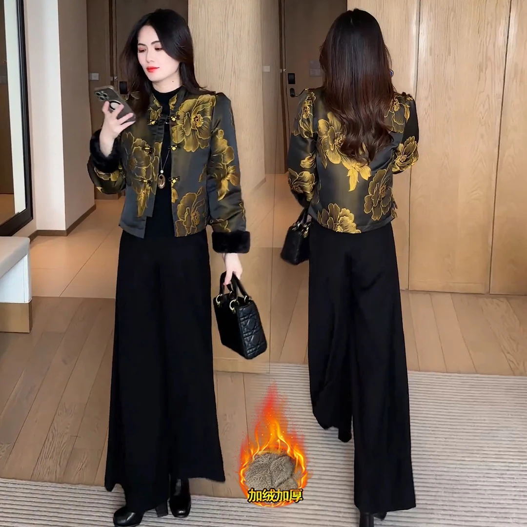 新中式国风加绒加厚短外套女2025冬季新款洋气黄色盘扣棉服上衣潮