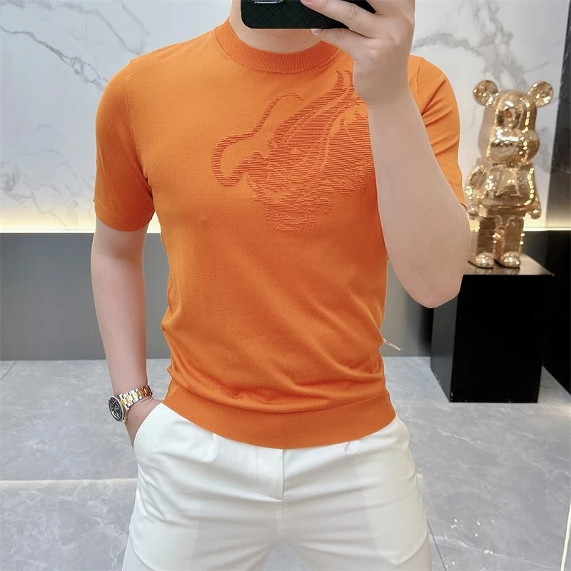 2025欧货轻奢男士针织冰丝短袖T恤印花百搭夏季条纹半袖上衣2750