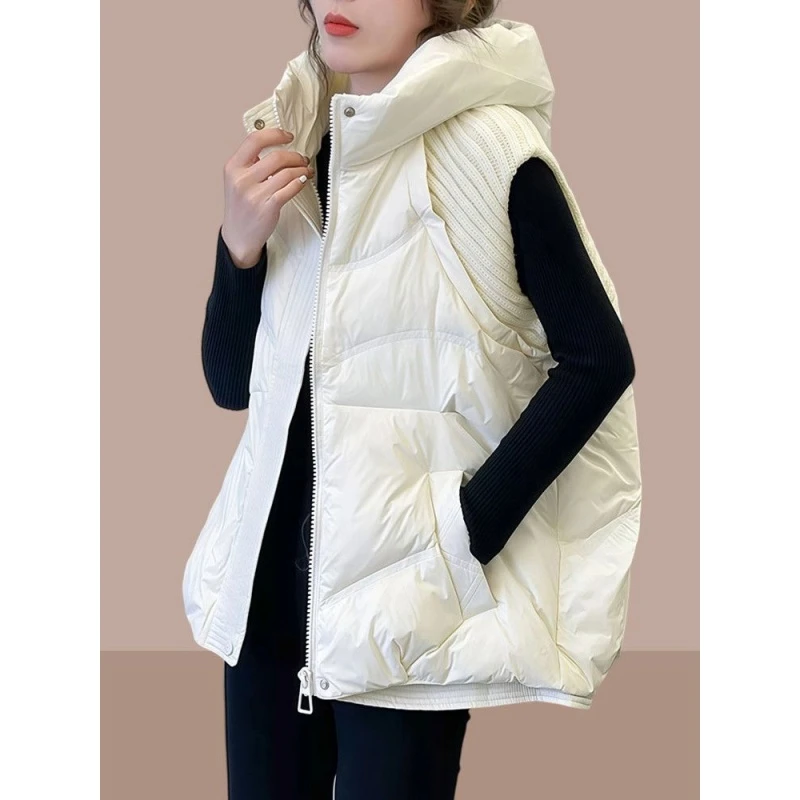 【300斤胖妹妹】秋冬设计感宽松轻奢减龄无袖拼接针织连帽棉服马夹