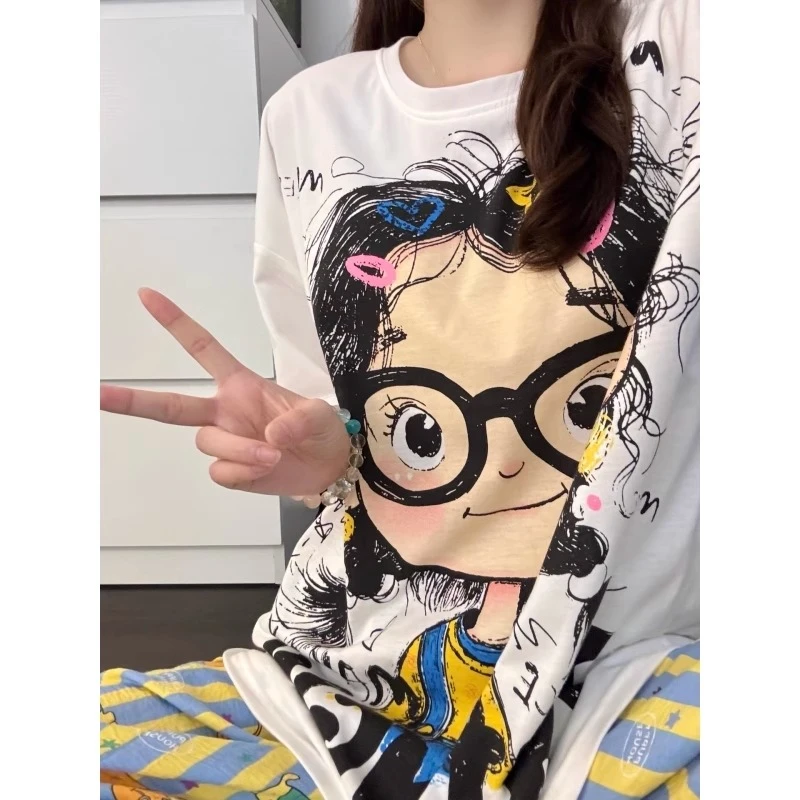 韩系卡通印花睡衣女夏季新款短袖长裤家居服大码两件套可外穿