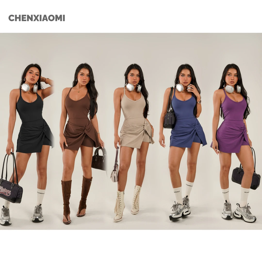 【蜜蜜家】防走光扭结设计裙摆交叉带可拆胸垫美背连体裤WD/DLT8998