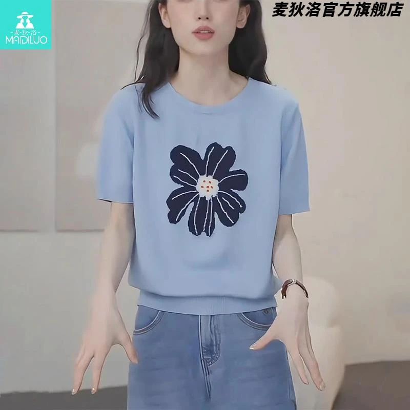 夏季减龄薄款t恤2025新款宽松休闲上衣花朵提花蓝色针织短袖女