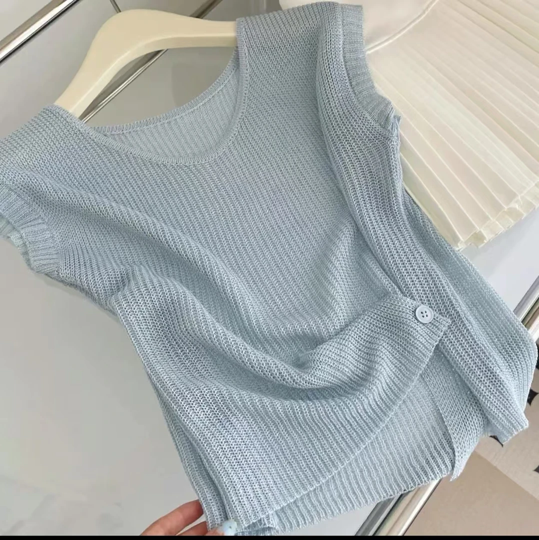 新款夏季薄款圆领无袖镂空背心修身显瘦百搭气质时尚洋气针织衫女