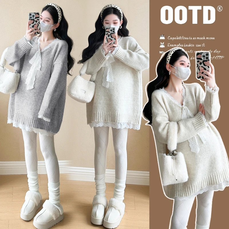 Y4741#1.1孕妇装蕾丝蝴蝶结拼接宽松长袖毛衣女装2024秋季慵懒风