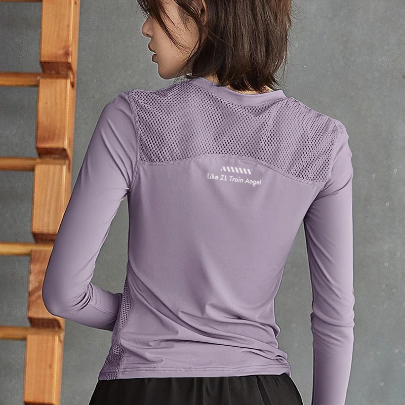 2025新款速干健身衣晨跑跑步运动长袖t恤女士秋季紫色瑜伽服上衣