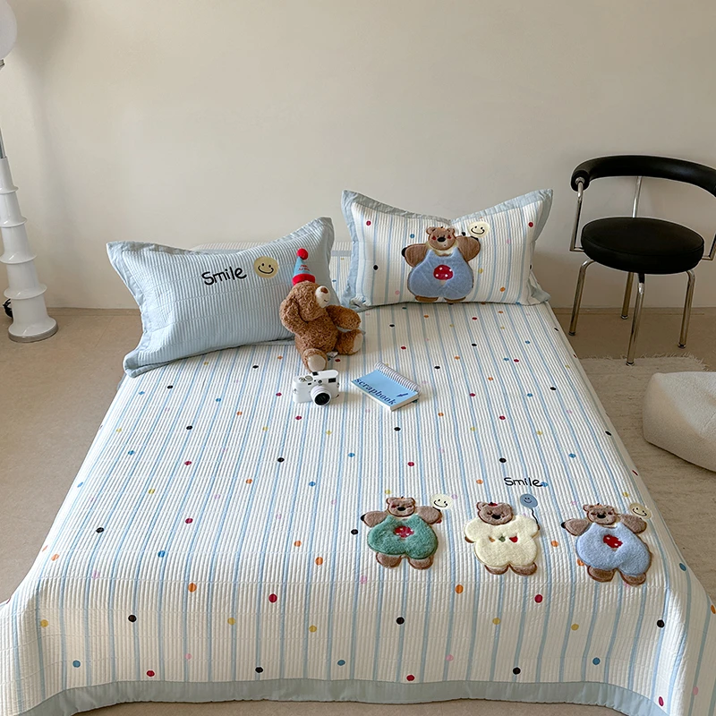 【司宁】ins超可爱甜美少女风全棉卡通毛巾刺绣款床盖三件套
