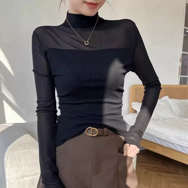 [ W i F i ]2890半高领网纱打底衫秋季百搭修身长袖T恤内搭上衣