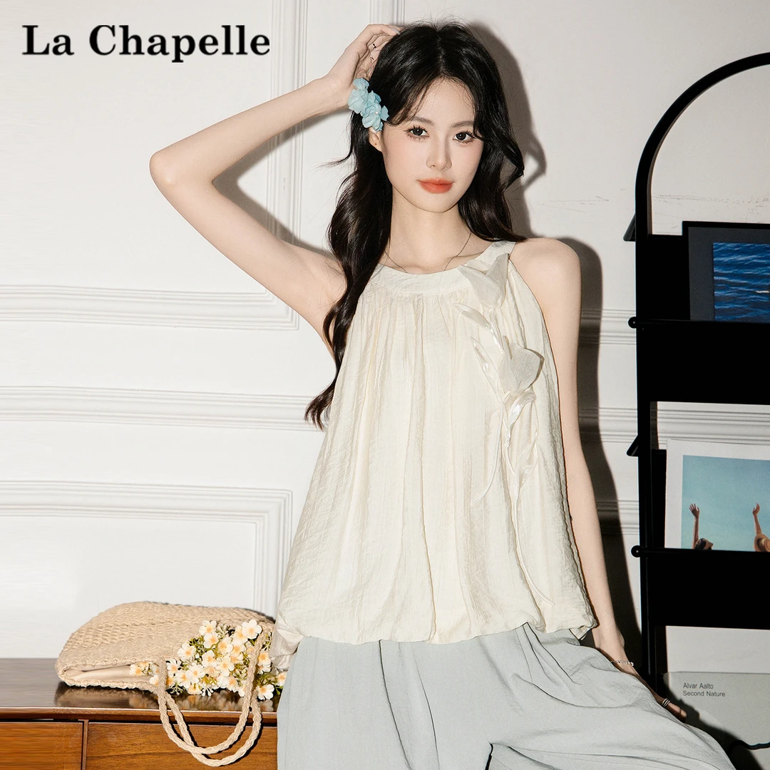 拉夏贝尔2025夏季新款法式挂脖雪纺背心衬衫女气质无袖娃娃衫上衣
