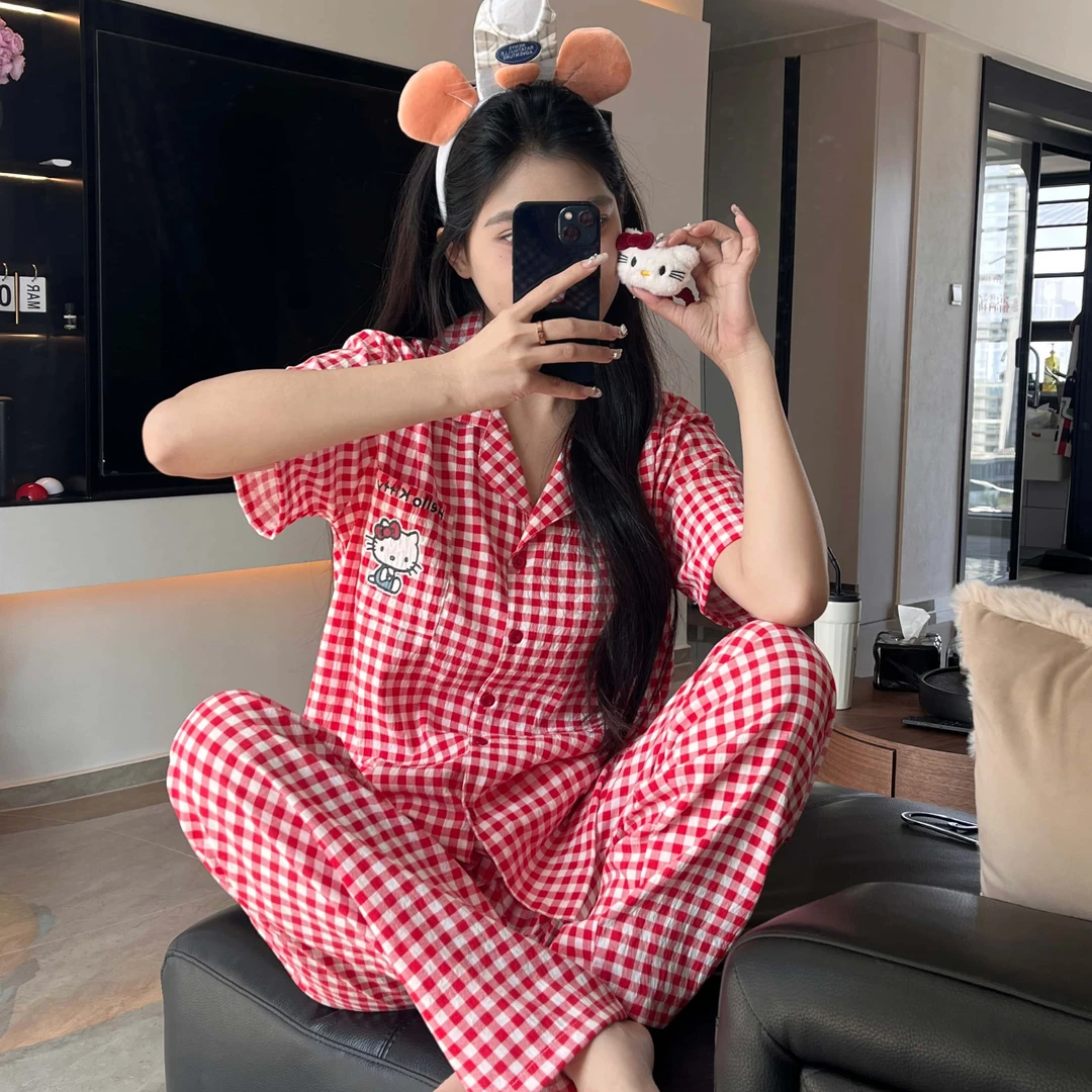 HelloKitty睡衣女夏季新款短袖三件套红格子卡通家居服可外穿套装
