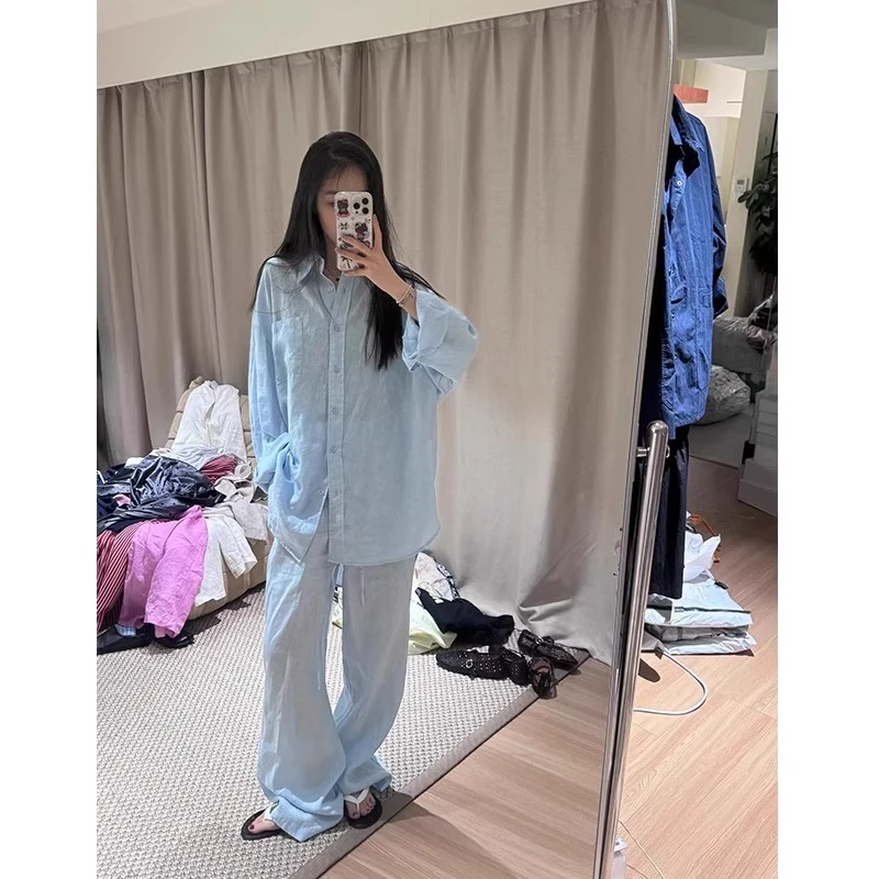 甜美减龄亚麻衬衫套装女夏日休闲松弛感穿搭防晒衬衣阔腿裤两件套