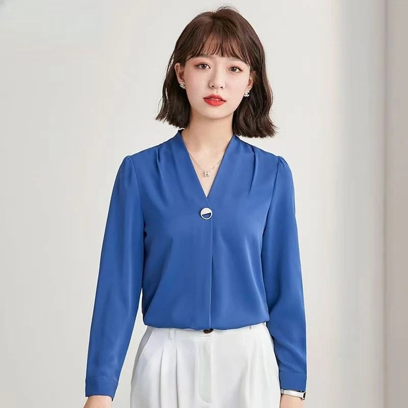 0782印染设计感宽松洋气纯色长袖蓝色宽松型春季衬衫V领韩版显瘦