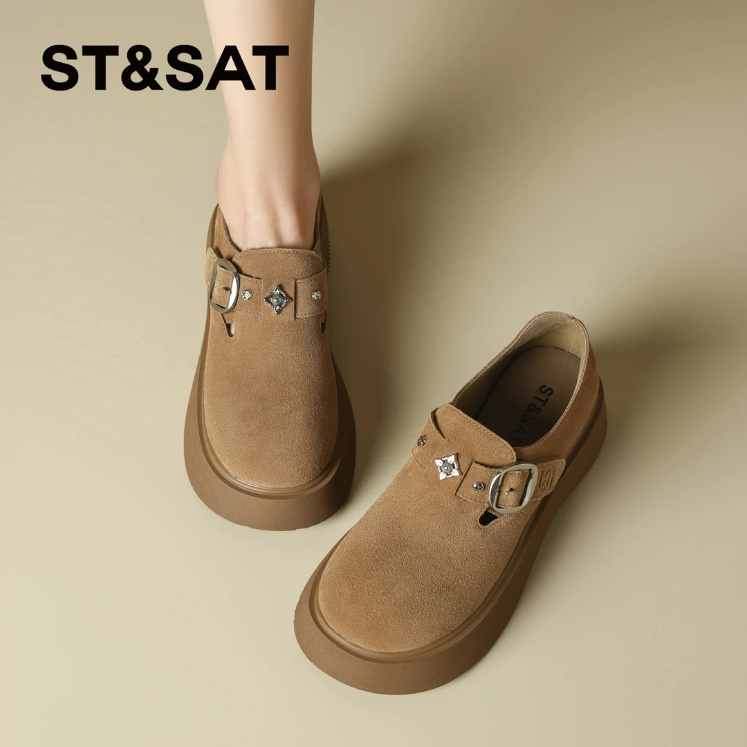 星期六真皮勃肯鞋女2025新款秋季爆款厚底一脚蹬软底孕妇复古单鞋