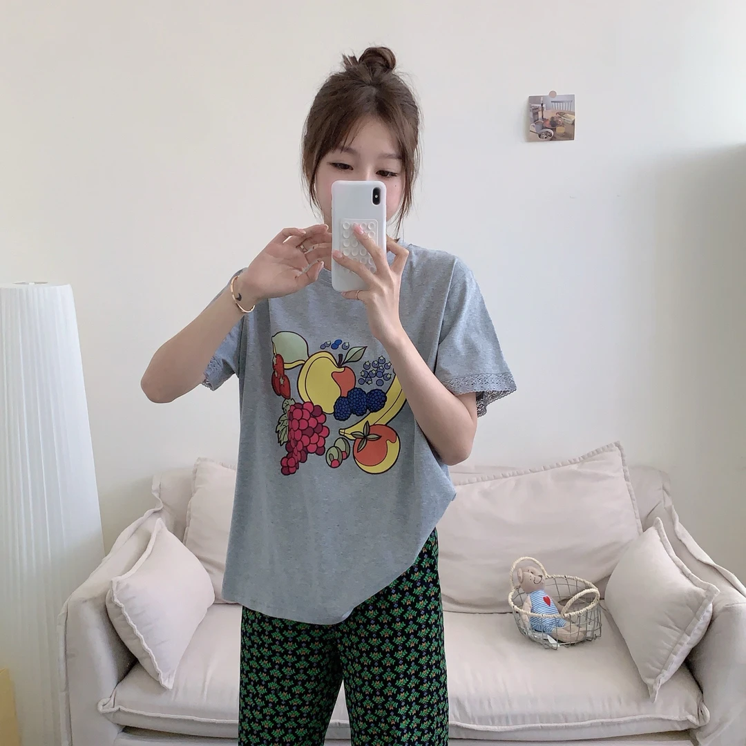春夏新款水果睡衣棉质短袖长裤可外穿家居服薄款睡衣套装女