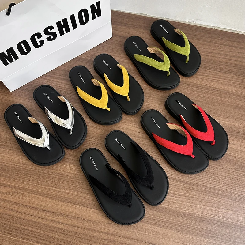 法式2025极简夹趾沙滩度假凉拖撞色百搭平底人字拖鞋女外穿夏凉鞋