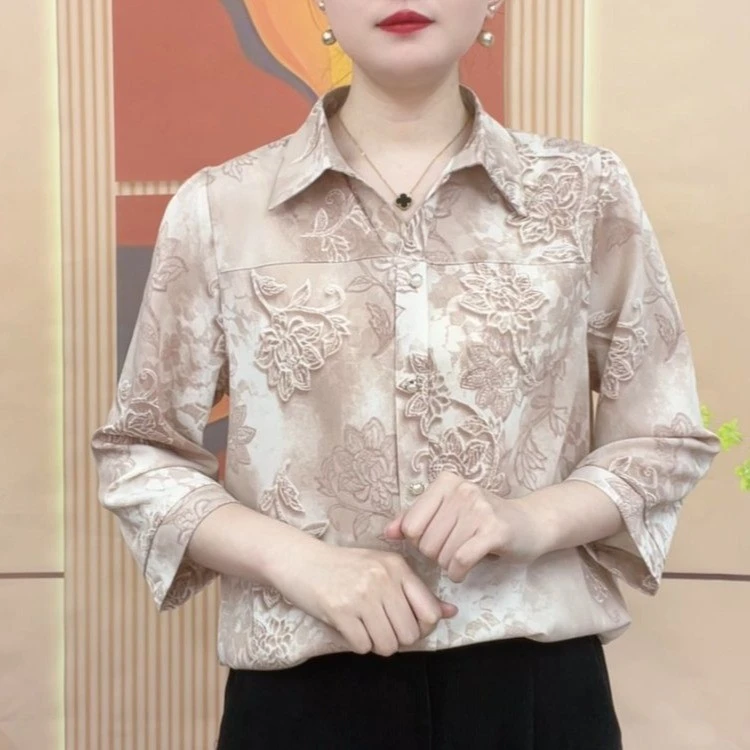 6066-气质百搭夏季女装妈妈装薄款显瘦减龄洋气女神印花衬衫上衣