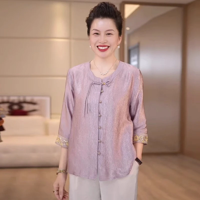 妈妈夏装衬衣套装新款时尚洋气高档中老年女装国风小衫裤子两件套