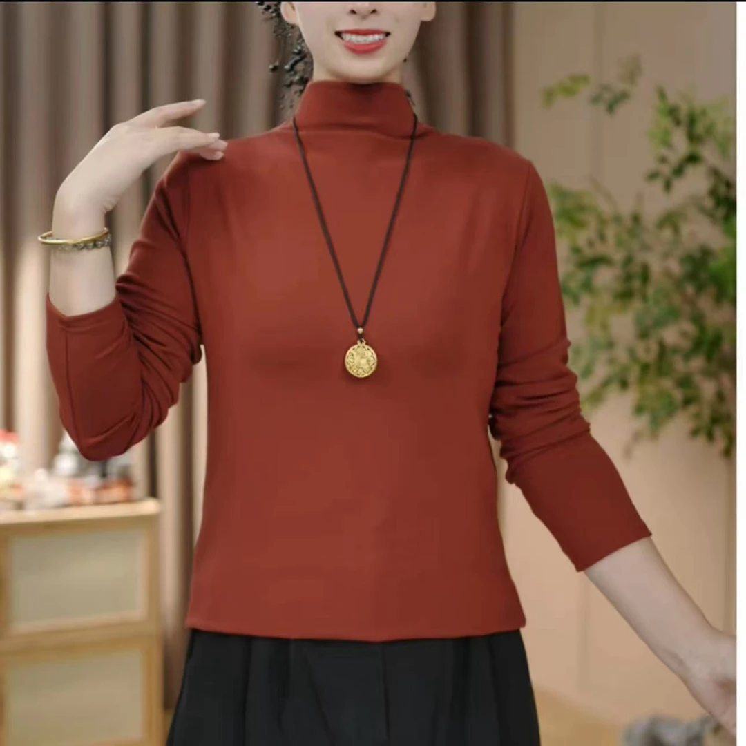 时尚长袖堆堆中领女纯色打底衫纯色轻奢风女士T恤保暖