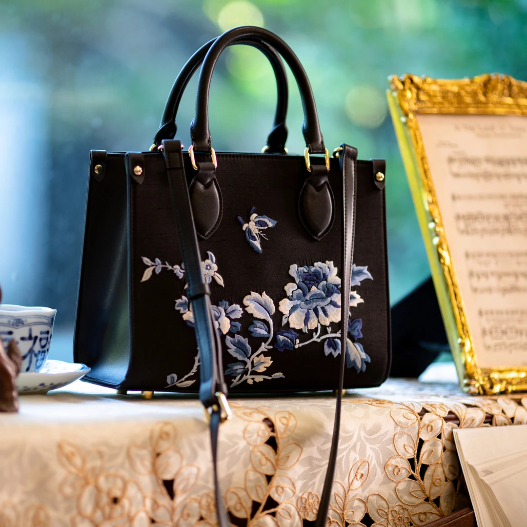 蝶羽青枫丨一城风絮丨真丝双宫复古国风新中式手拎托特包单肩百搭