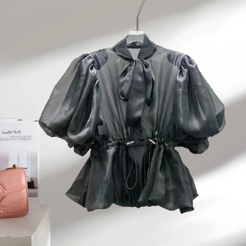 2025夏款气质高级时尚百搭收腰设计感欧根纱御姐时髦穿搭潮衬衫
