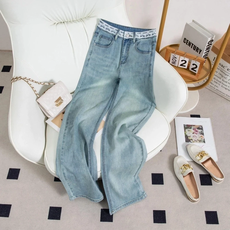 2025夏季新款【蕾丝花边 高弹力】设计感高腰时尚窄版直筒牛仔裤