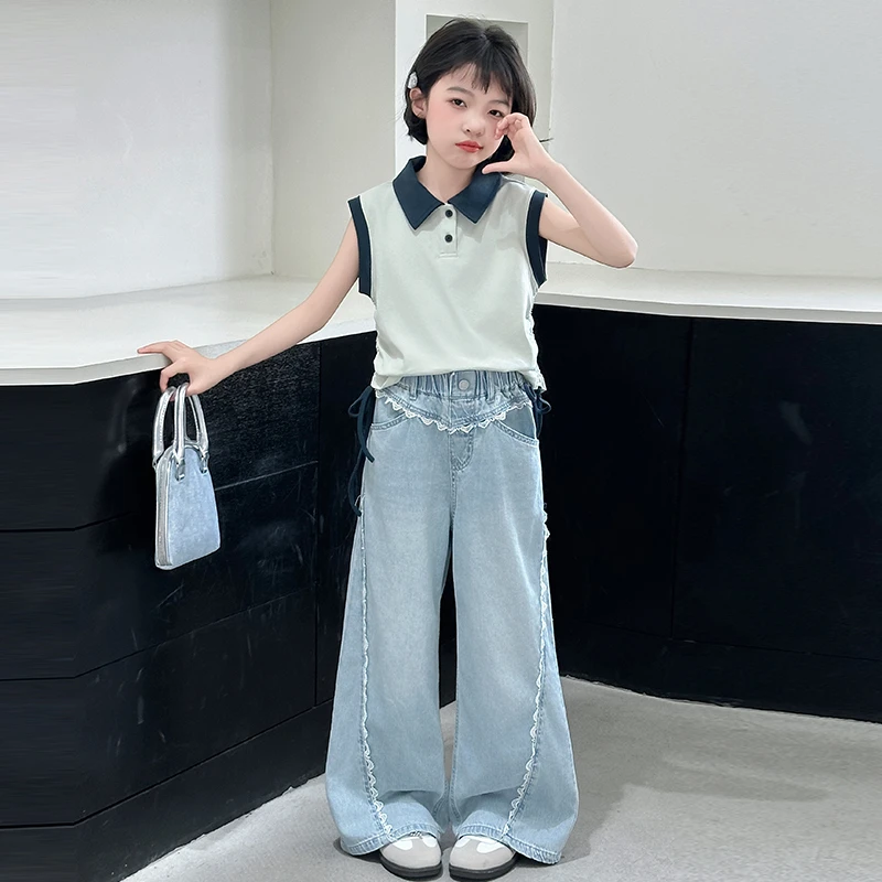 女童套装2025夏款中大童新款韩版无袖背心翻领上衣洋气牛仔裤套装