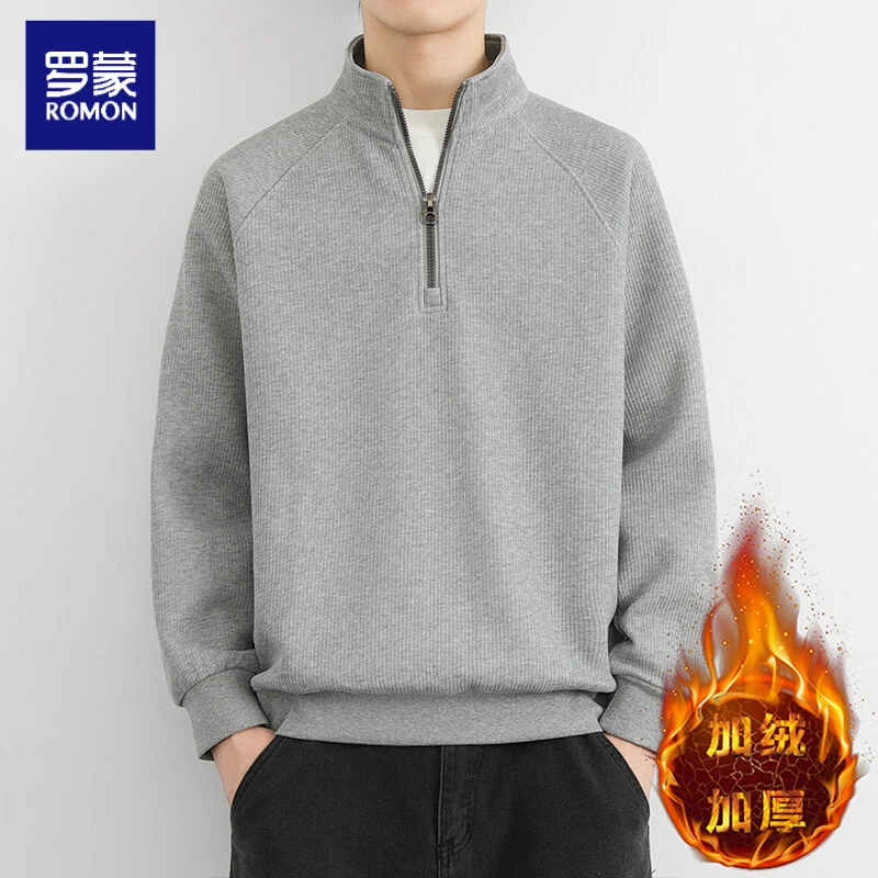 罗蒙2024新款男加绒加厚卫衣半开拉链立领打底衫宽松版休闲T恤