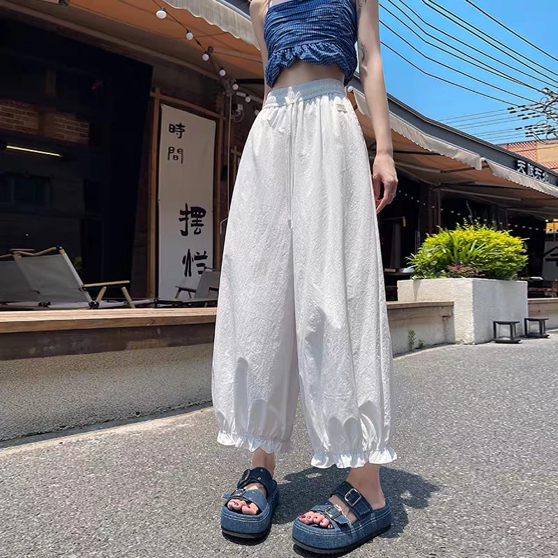 夏季新款花边阔腿灯笼九分裤宽松显瘦百搭休闲女裤高腰