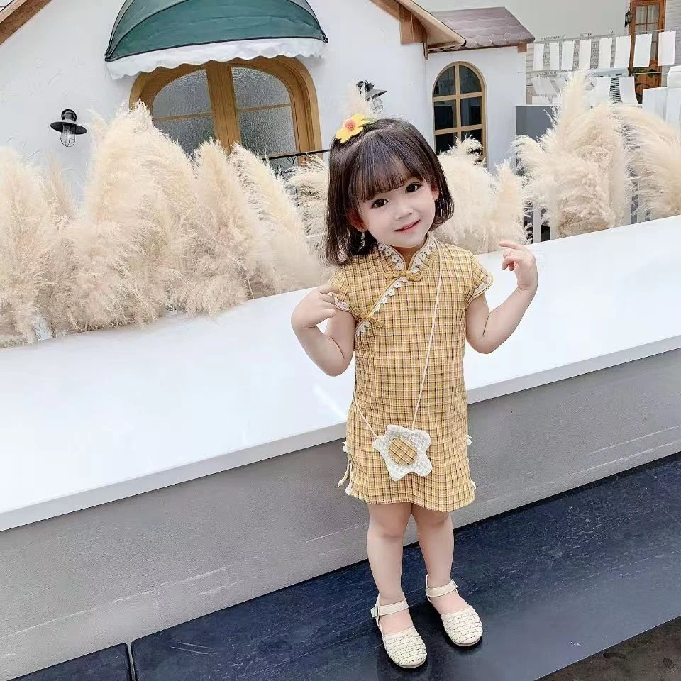 A08女童旗袍短袖格子连衣裙