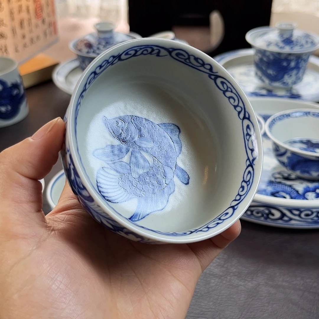 朝岚夕霞至正元青花锦鲤主人杯全手绘原矿釉烧制