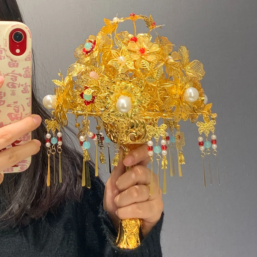 金色手捧花成品新娘结婚礼物diy团扇手工新婚秀禾闺蜜手工花束