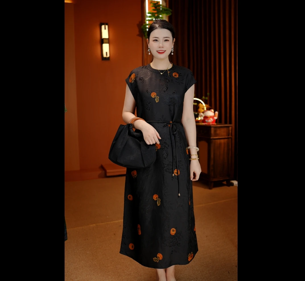 【柿柿如意】中国风夏季花萝圆领长款品质减龄女装连衣裙