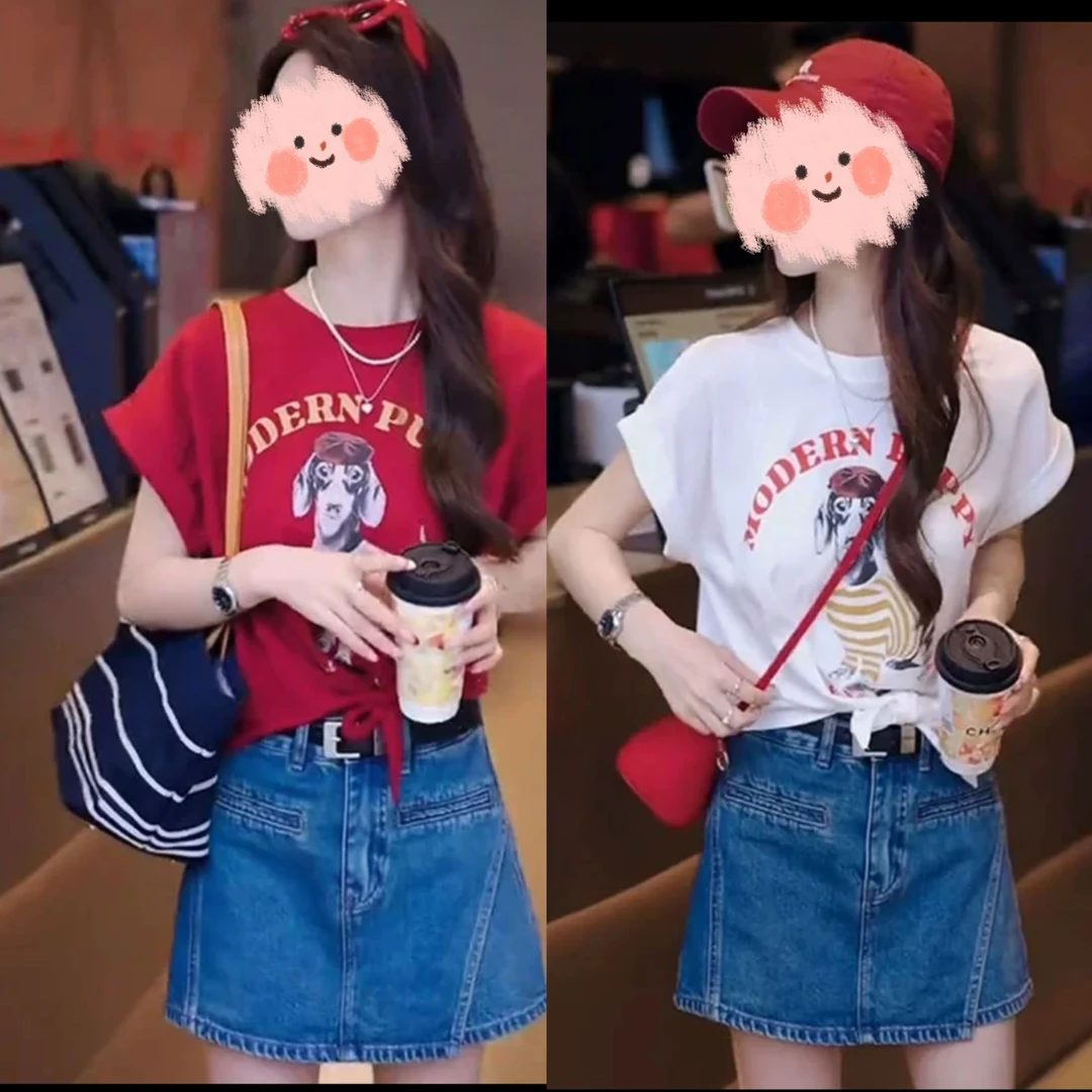 欧货圆领卡通印花短袖T恤女2025夏季新款宽松显瘦百搭洋气上衣潮