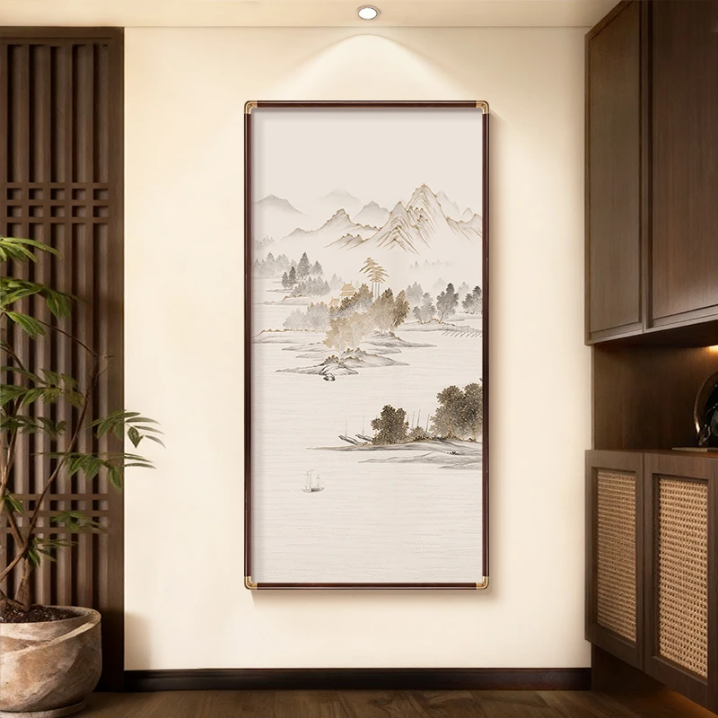 《千里江山》新中式铜角实木玄关装饰画东方美学走廊过道山水挂画
