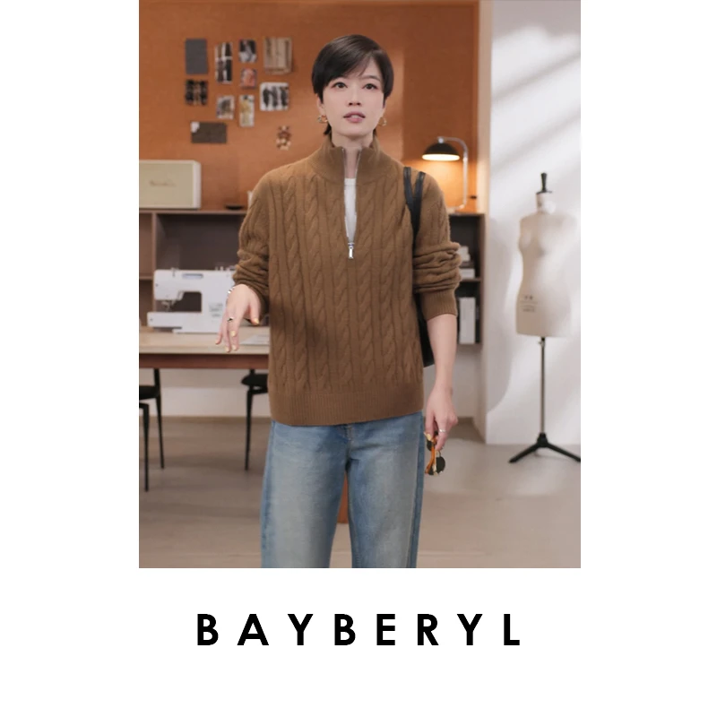 BAYBERYL老贝半拉链立领绞花时髦羊绒25秋针织衫9ZZS5H3045