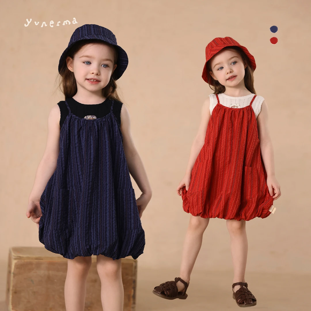 允儿妈女童复古条纹吊带裙渔夫帽套装宝宝洋气连衣裙儿童时髦帽子