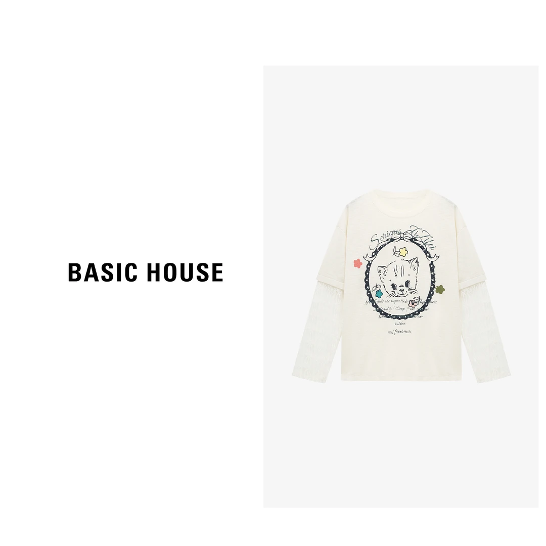 Basic House/百家好时尚假两件蕾丝百搭显瘦针织衫-B0625B58192
