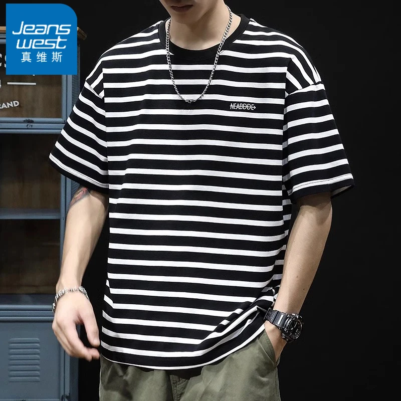 Jeanswest/真维斯潮流男士条纹短袖夏季薄款宽松休闲圆领半袖T恤