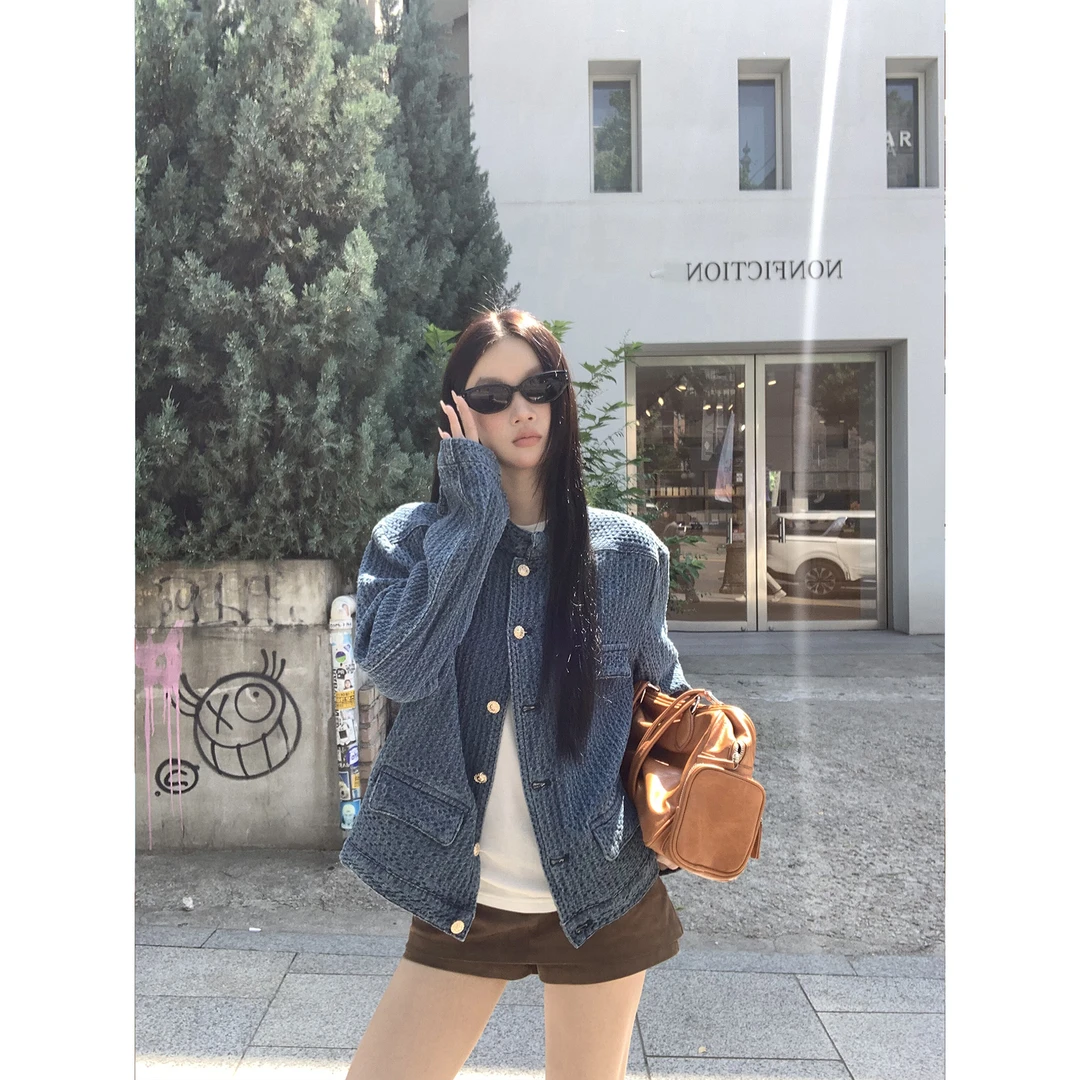 牛仔小香风外套女装秋季宽松小众肌理感立领蓝色夹克百搭气质上衣