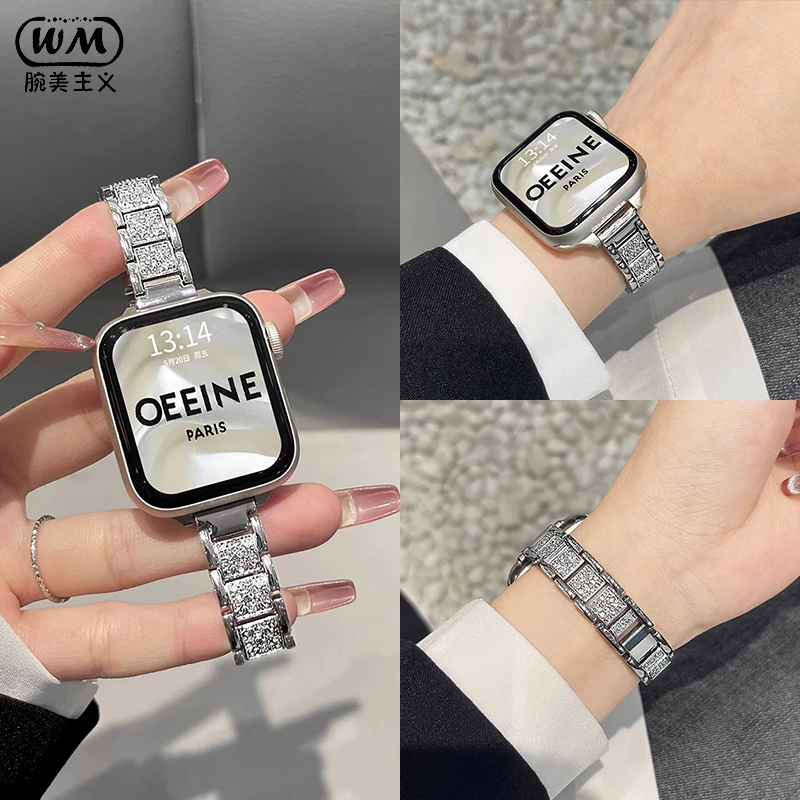 适用iwatchS10苹果手表轻奢三株施华洛applewatch9/8/ultra女表带