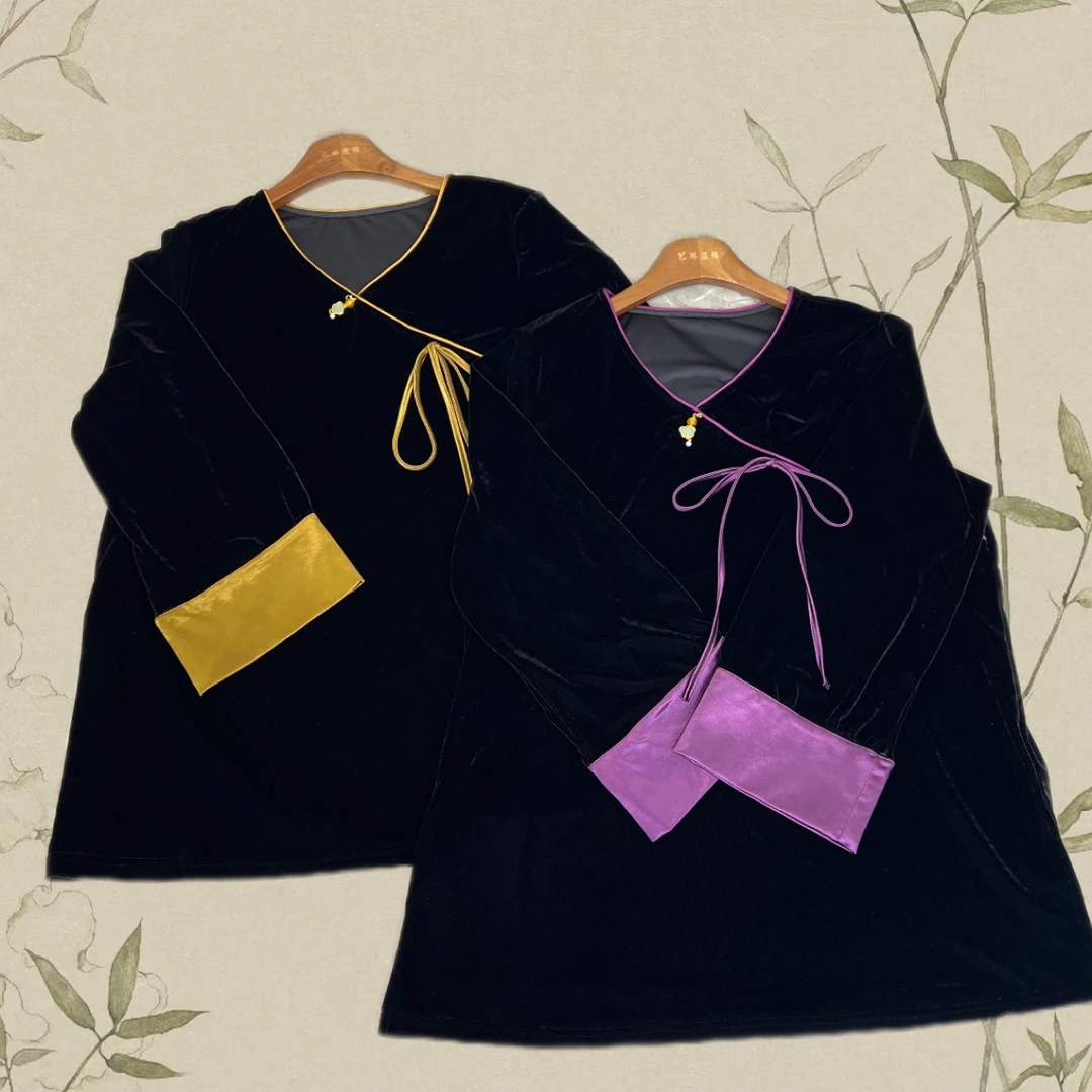 【如意结】新中式斜襟如意结拼缎袖丝绒长袖气质百搭上衣