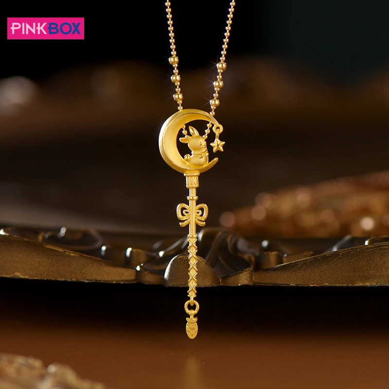 PINKBOX月亮兔子权杖黄金足金吊坠生肖萌兔气质挂坠520情人节礼物
