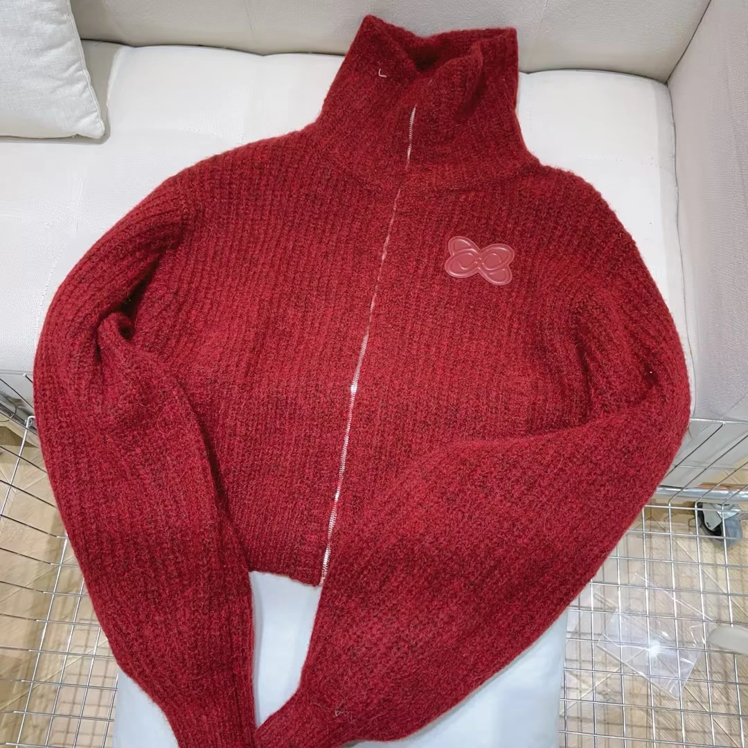 丨秋冬新款红色高领简约素雅百搭针织开衫 5950