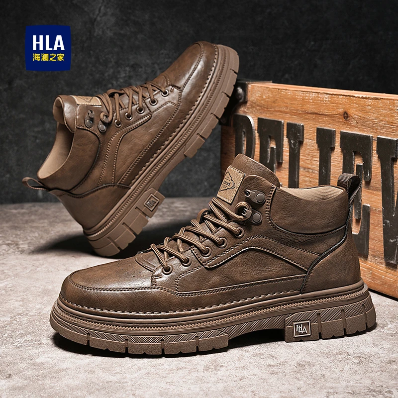 HLA/海澜之家2025新款男士马丁靴复古时尚休闲全皮面英伦风潮鞋