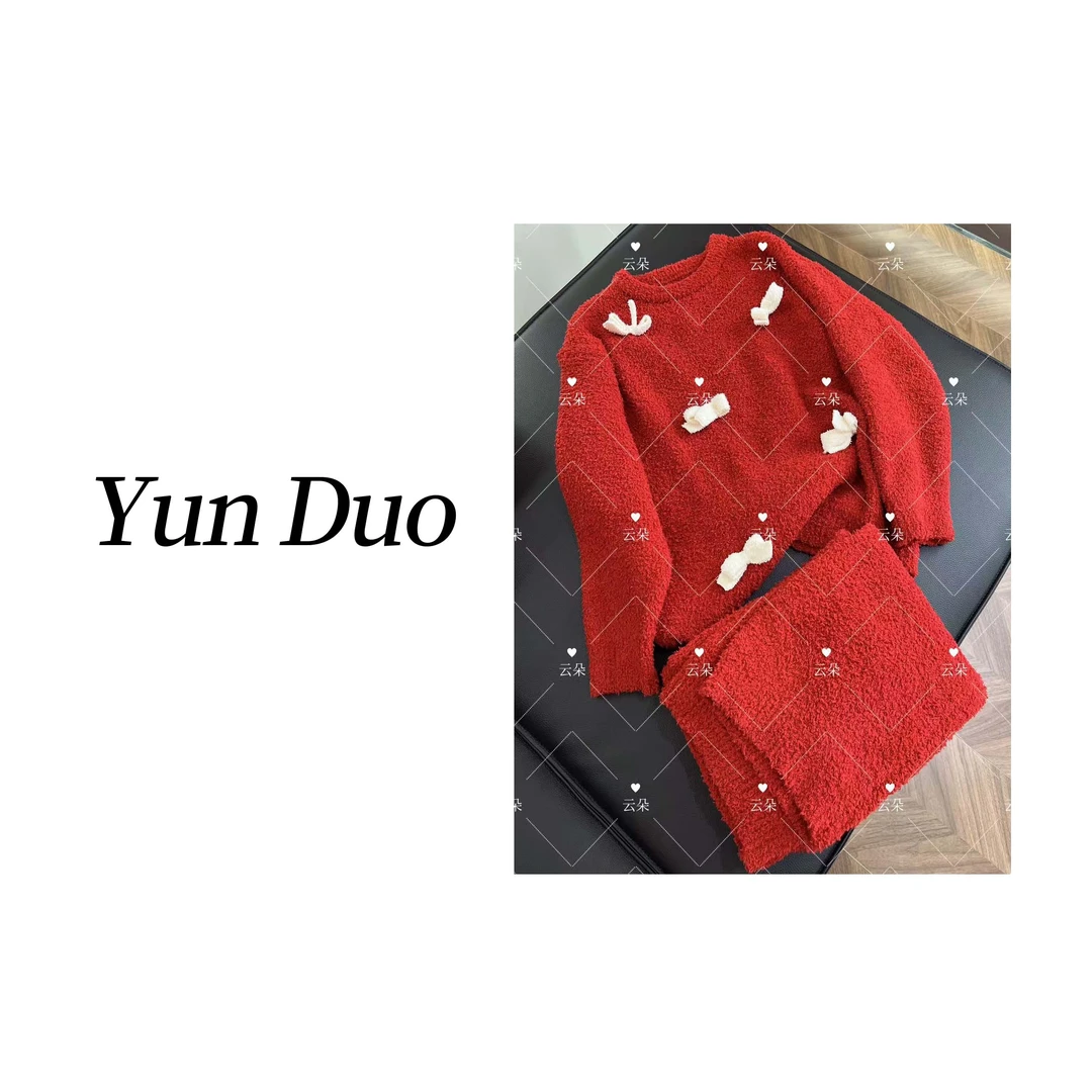 云朵定制 蝴蝶结毛毛圆领红色家居套装IK94