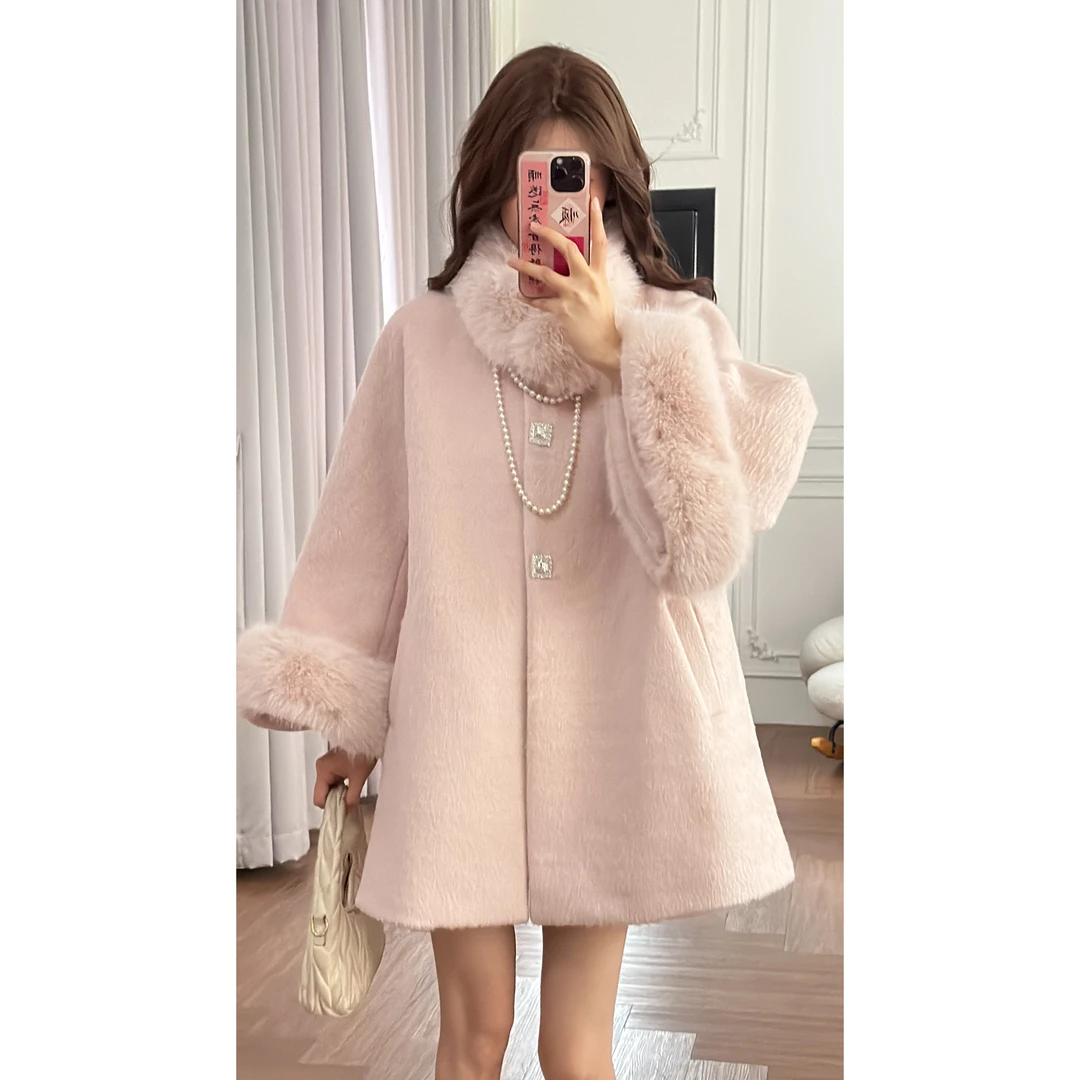 小小仟 唐泽雪穗2.0粉色毛感毛呢斗篷大衣富家千金女冬季毛毛外套