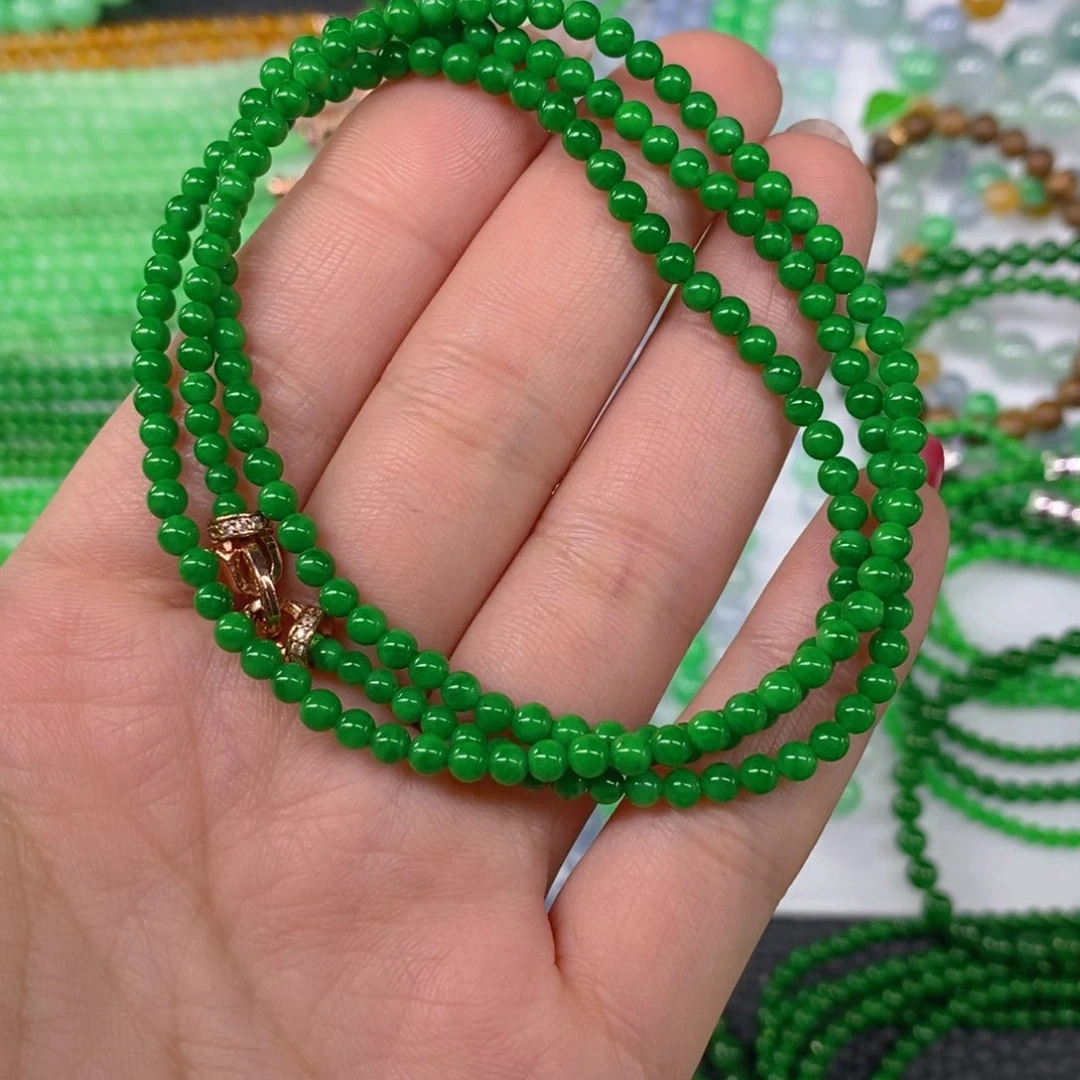 颈饰未镶嵌翡翠缅甸天然翡翠浓阳绿小米珠塔链3.3，3.7