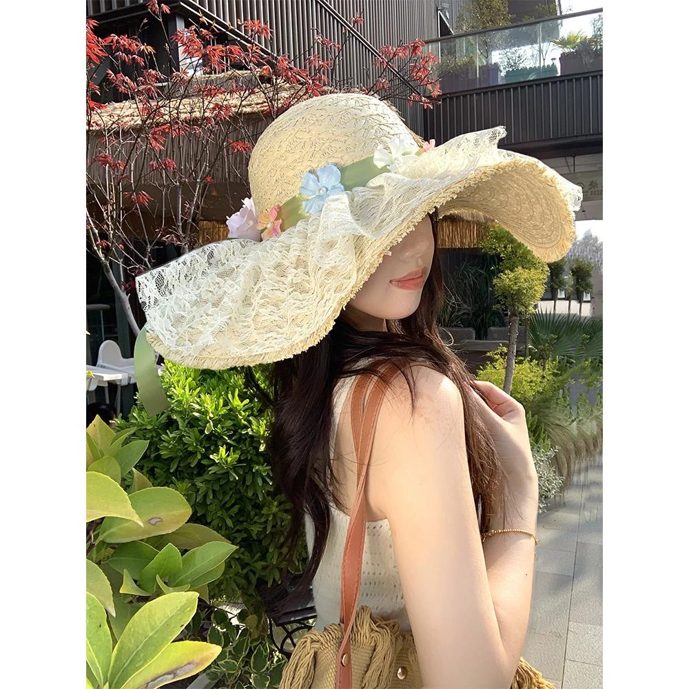 法式甜美蝴蝶结花朵拉菲草帽女夏季海边度假风沙滩帽遮阳防晒帽子