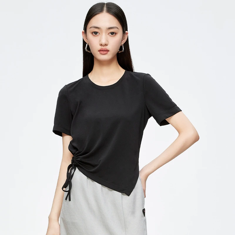 圆领短袖黑色T恤女时尚不规则下摆上衣152T2063